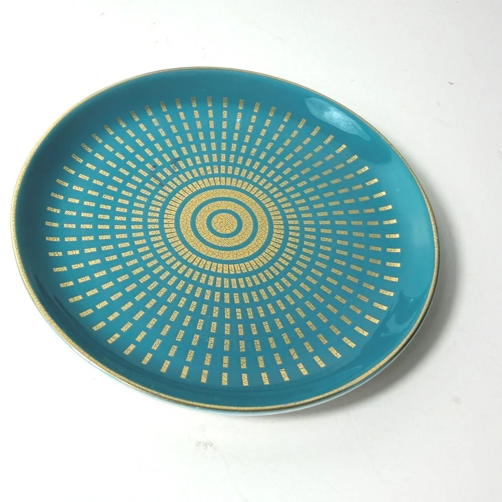 Jonathan Adler Santorini Mykonos Teal Gold Round Porcelain Trinket Dish 4.75